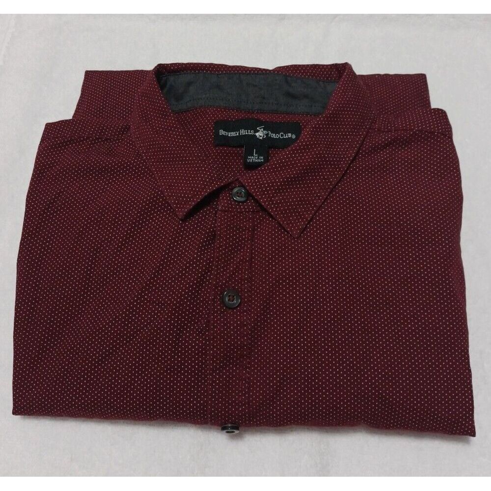 Beverly Hills Polo Club‎ Mens Long Sleeve Button Down Shirt Burgundy Micro Dot L